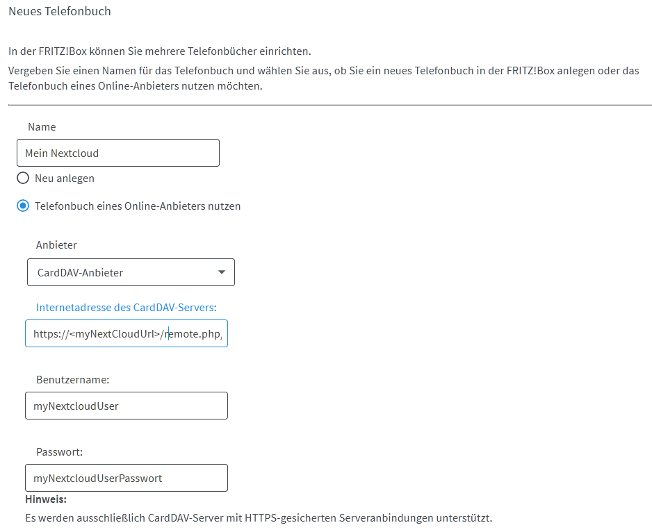 Sceenshot Fritzbox-Oberfläche "Neues Telefonbuch"